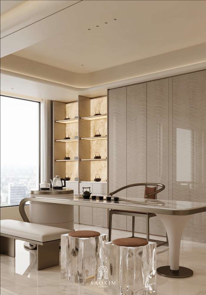 Không gian nội thất phòng bếp sang trọng trong thiết kế chung cư cao cấp phong cách Contemporary Luxury dự án Vinhomes Symphony
